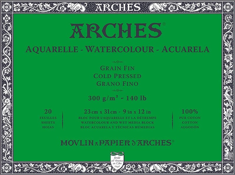 Arches كتلة ألوان مائية من أرش، مضغوطة بارد، 140 رطل/300 جرام لكل متر مربع، 20 ورقة، 9x12 بوصة، ورق ألوان مائية من أرش 100% قطن - Image 1